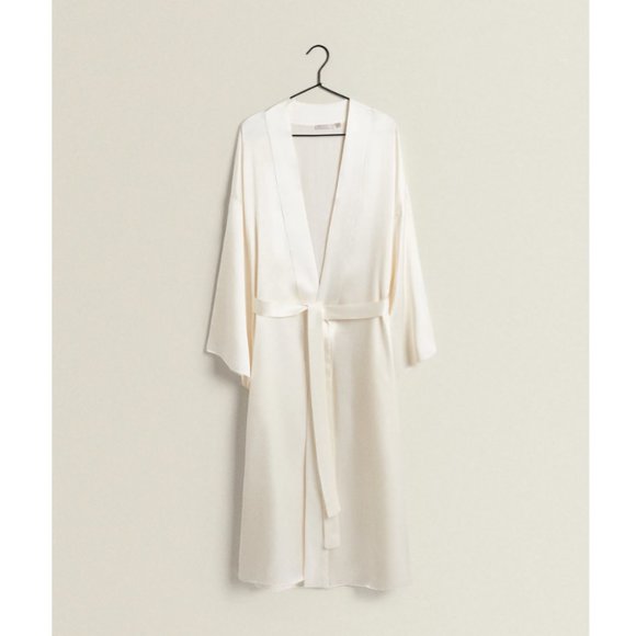 New Zara Mulberry Silk Long Belted White Robe M/L - Picture 5 of 13